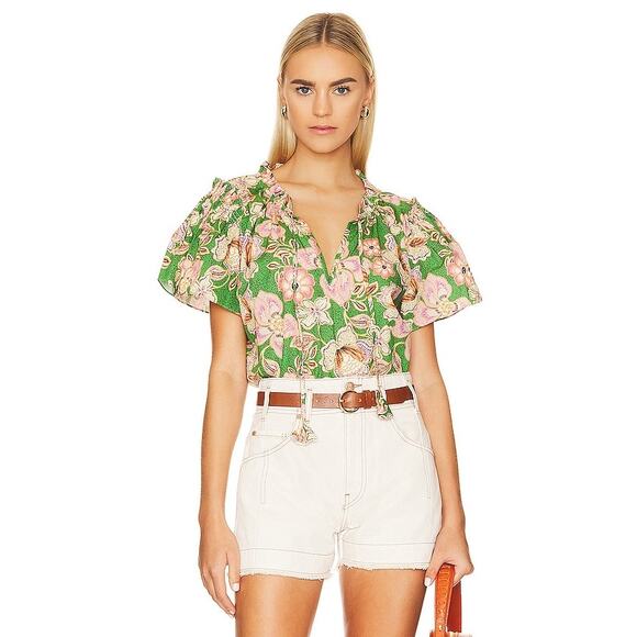 MISA Suparna Green Floral Print Cap Sleeve Tie Neck Peasant Blouse Size Large - Picture 1 of 14